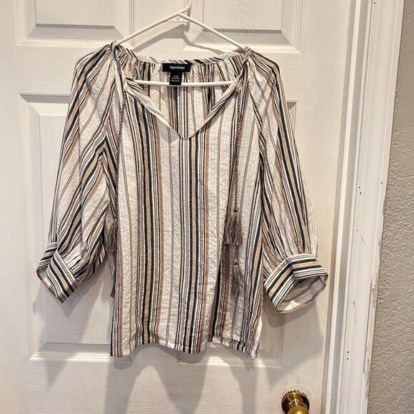 Karen Kane Balloon Sleeve Striped Colorful Lightweight Peasant Top Tassels Small - Picture 2 of 9